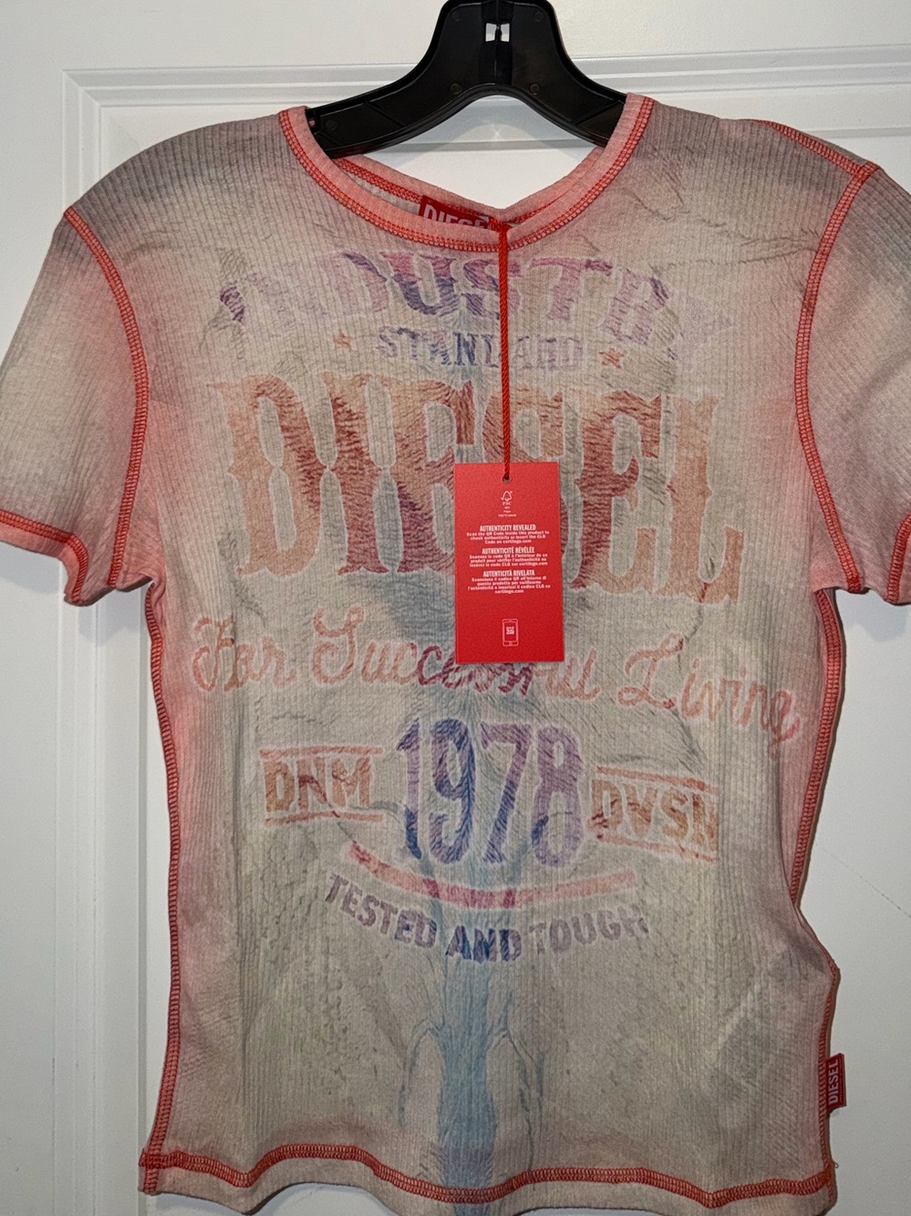 Diesel Red and Pink Logo Ribbed Top